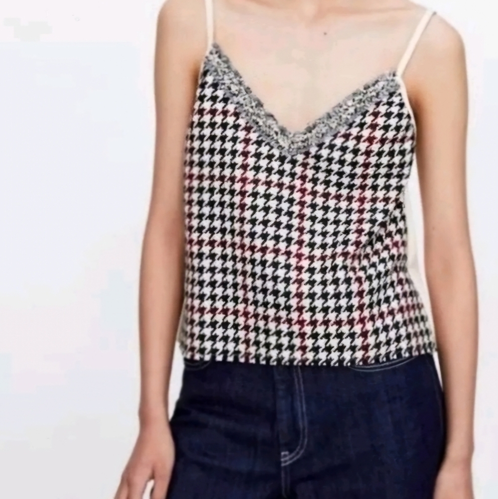 Zara Red White and Cream Houndstooth Camisole Tank Top Size Large